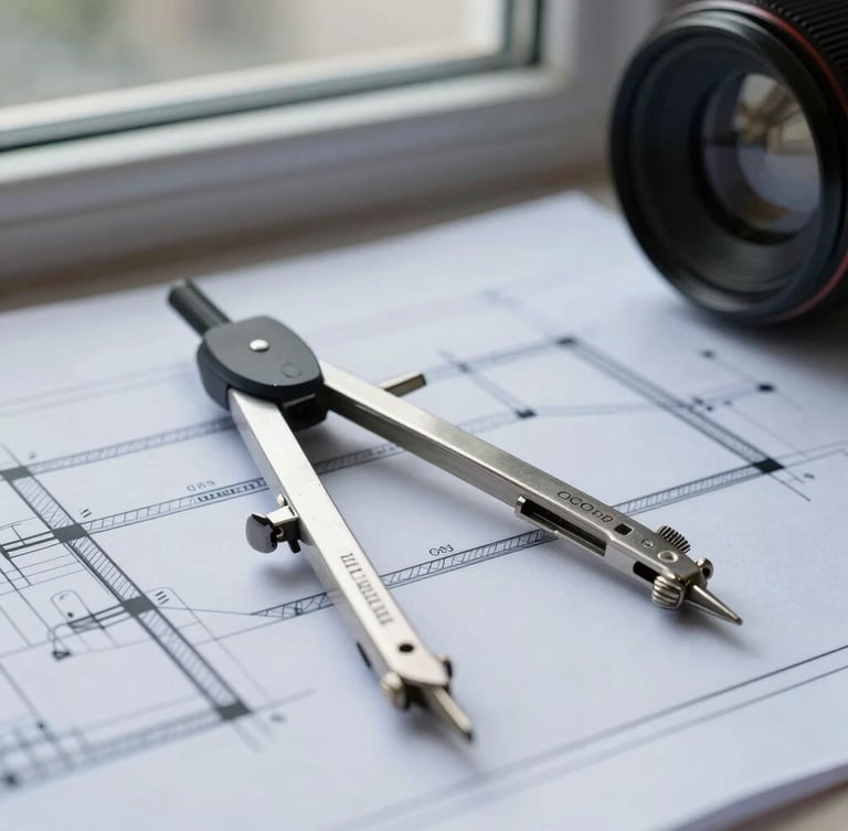 Macro shot of a printed architectural blueprint with a technical compass, cool daylight from a side window, focus on thermal insulation details and clean lines.