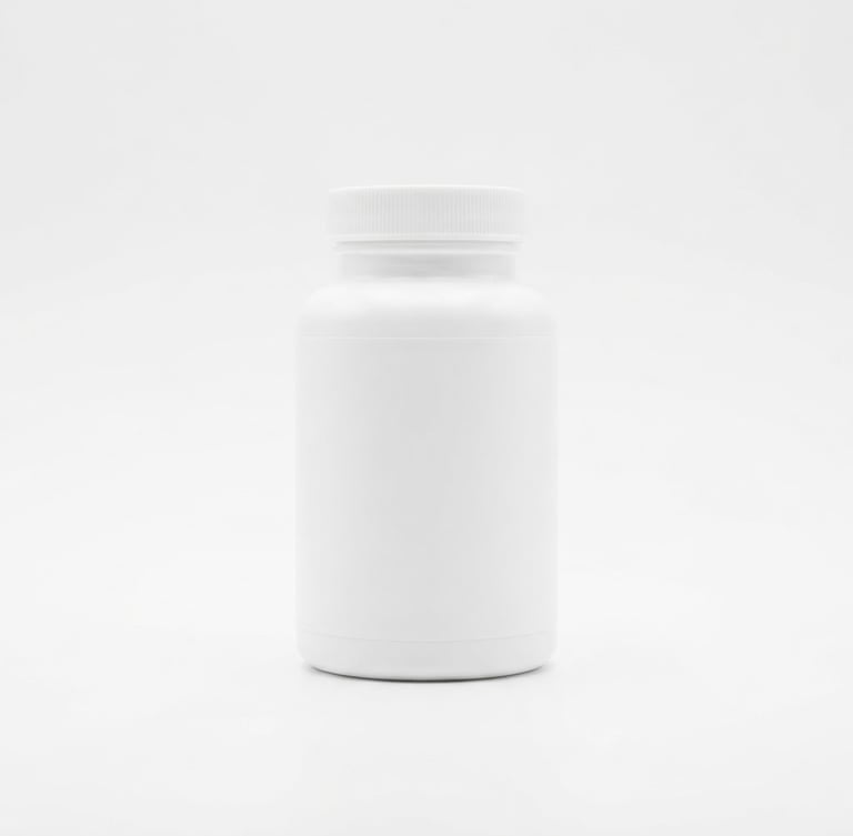 Centered product packaging shot of DentaBiome supplement bottle on a clean white laboratory backdrop, bright high-key studio lighting, sharp focus, clinical aesthetic, 50mm