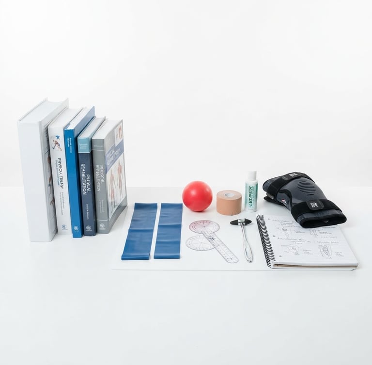 Clean studio photography of physical therapy program materials, bright high-key lighting, minimalist white backdrop, sharp focus, clinical aesthetic, 50mm