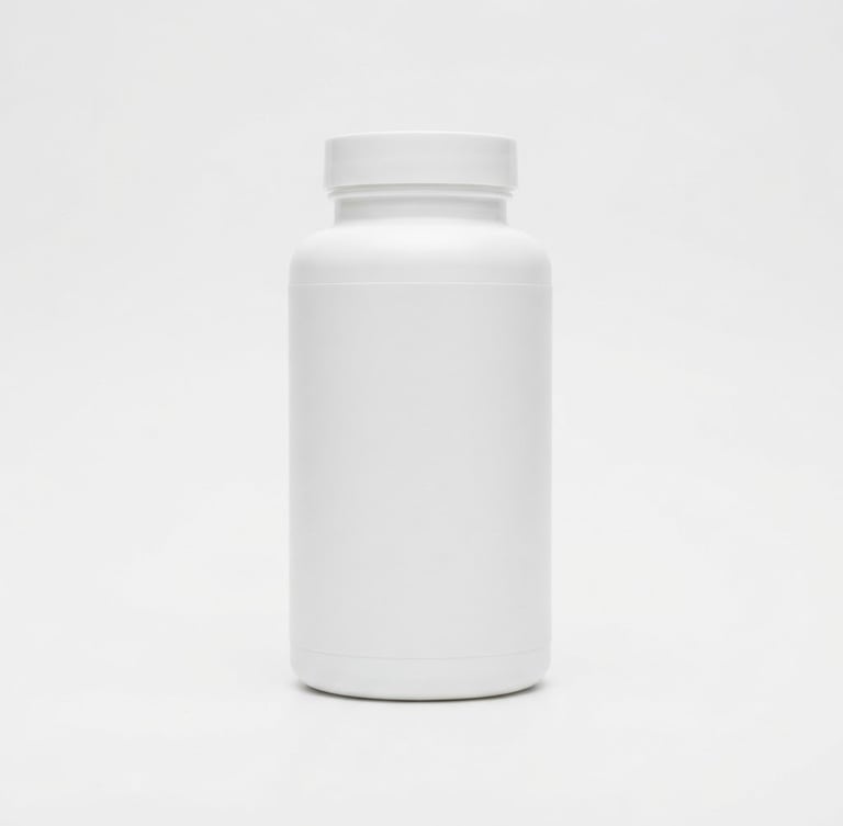 Crisp minimalist product packaging shot of Metabo-Cycle 45 bottle on a clean white clinical background, sharp focus, bright high-key studio lighting, 50mm