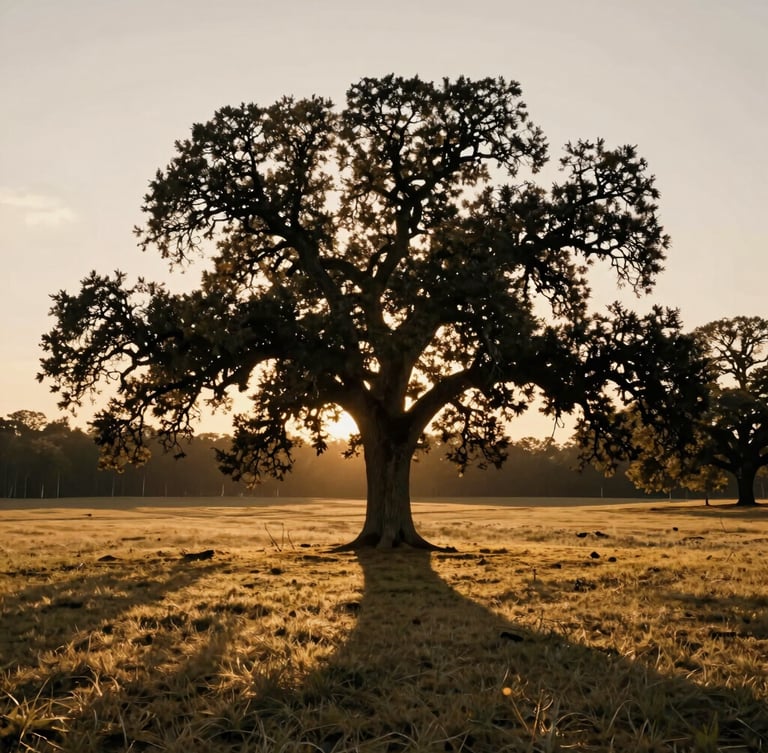 Warm editorial photography of a sprawling Central Georgia landscape at golden hour, a historic oak tree in the foreground, soft sunlight casting long shadows across open acreage, 35mm.