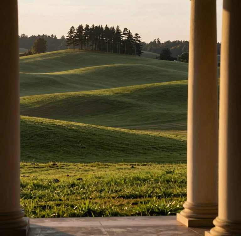 Sprawling Georgia land and acreage at golden hour, soft sunlight illuminating rolling green pastures and distant pine trees, warm editorial photography, 35mm