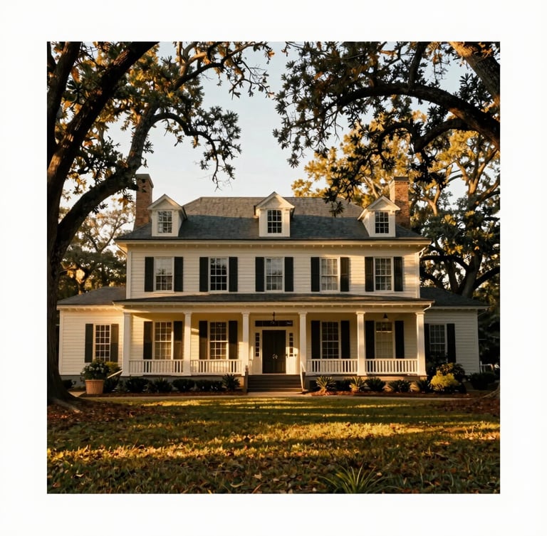 Wide-angle portrait of a historic Southern craftsman home in Griffin, Georgia, warm golden-hour sunlight filtering through mature oak trees, elegant architectural framing, 35mm