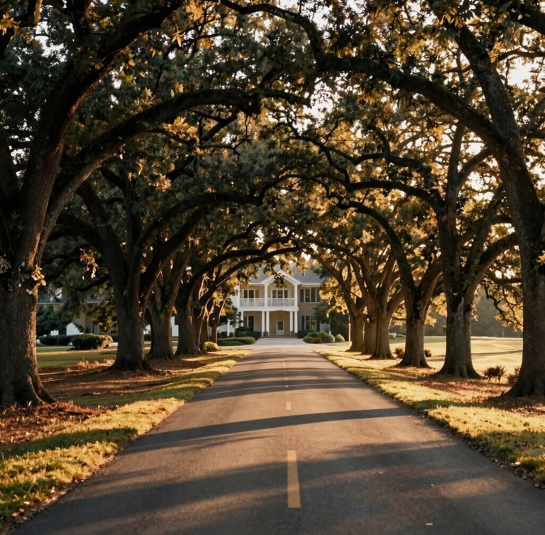 A scenic country road winding through mature oak trees in Zebulon, Georgia, warm golden-hour sunlight casting long shadows across the lane, 35mm.