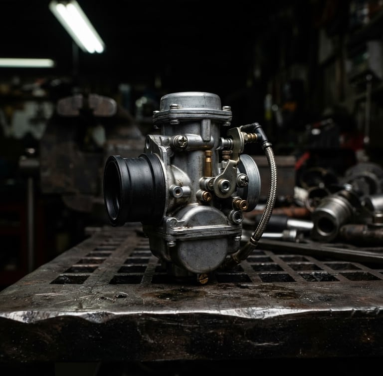 Close-up of a clean motorcycle carburetor on a dark steel workbench, harsh industrial workshop lighting, high contrast metallic tones, sharp focus, 50mm lens