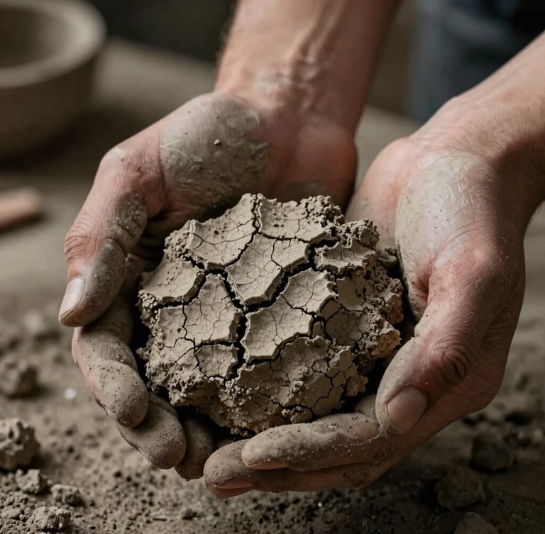 Extreme close-up of hands caked in dry, cracked wild clay, holding a raw unrefined earth clod, dramatic side-lighting, dark stone workshop background.