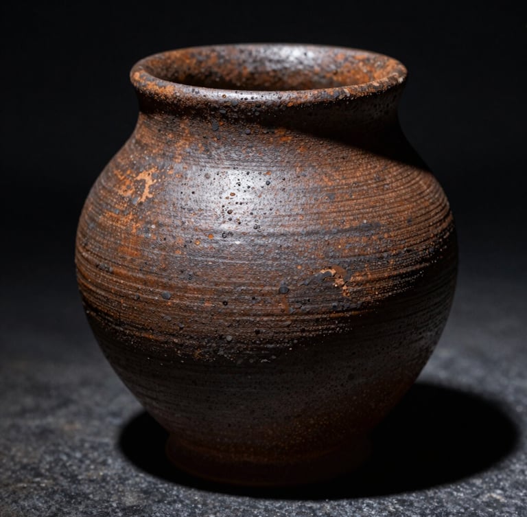 Extreme close-up of a hand-thrown ceramic vessel with a rough, iron-speckled surface, dramatic side-lighting casting deep shadows, dark stone background.