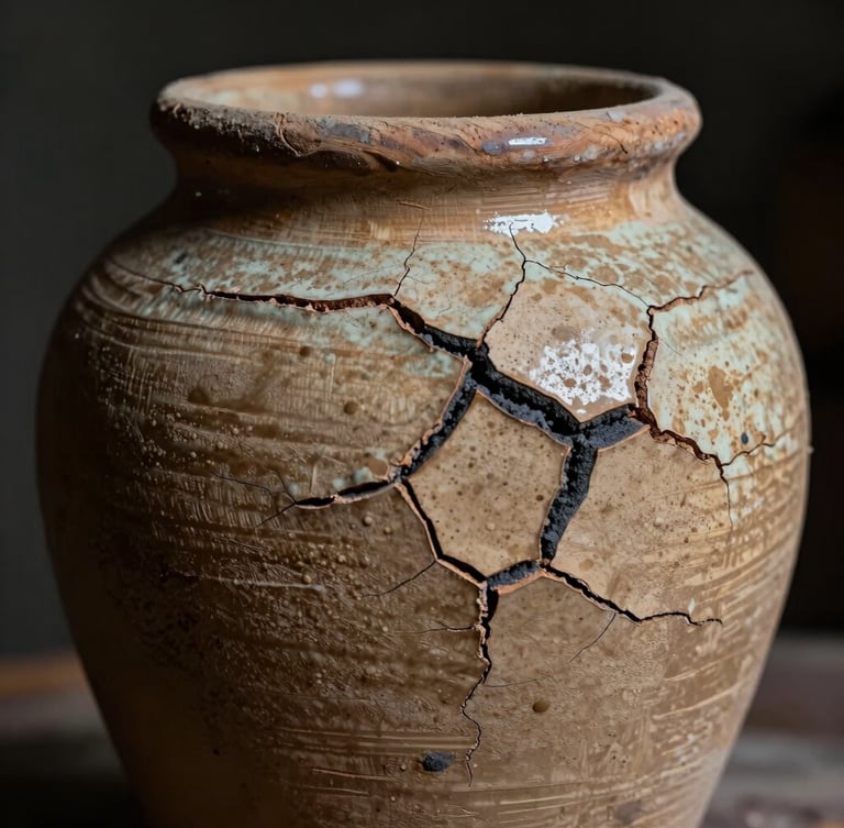 Extreme close-up of a wood-fired ceramic vessel, showing cracked wood-ash glaze, iron-speckled raw clay texture, and deep charcoal kiln scars, low-key chiaroscuro lighting, dark background.