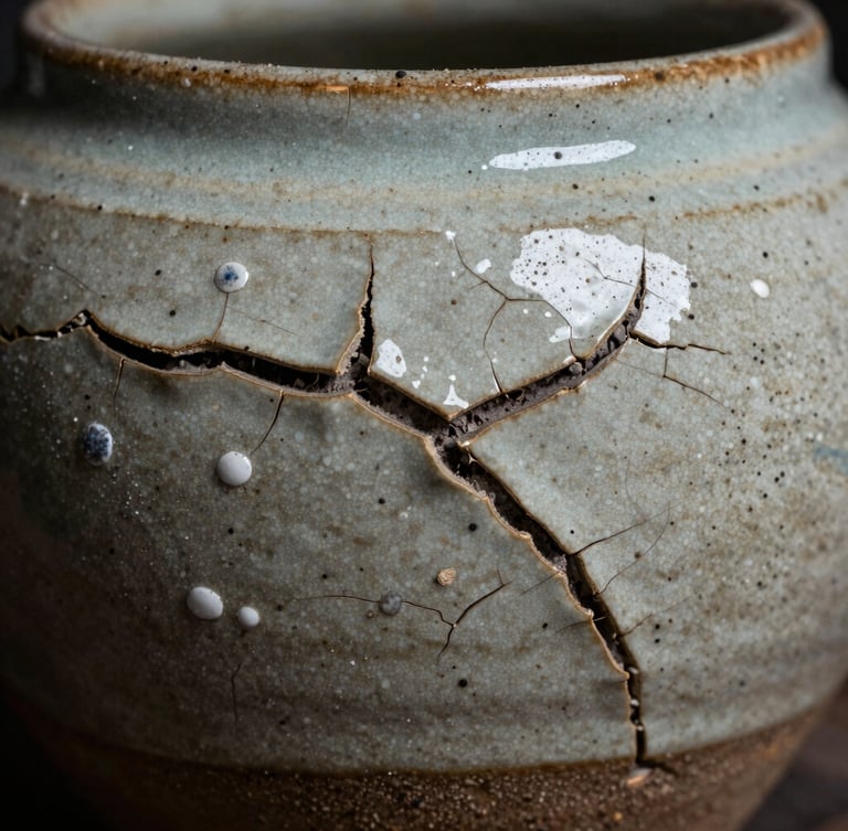 Extreme macro shot of cracked wood-ash glaze on an iron-speckled ceramic surface, dramatic low-key lighting.