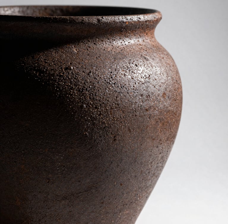 A high-contrast profile of a coarse, iron-speckled ceramic vessel with heavy kiln scars, cast in deep shadow with dramatic side-lighting from the right.