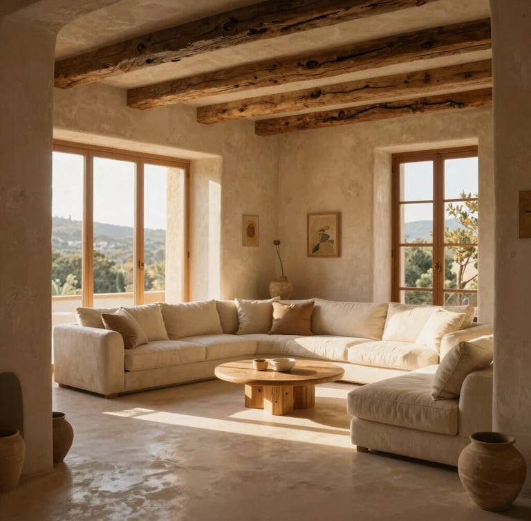 Sun-drenched modern Mallorcan living room staged with microcement floors, warm plaster walls, rustic wooden beams, and soft golden hour light streaming through tall windows, 35mm photography