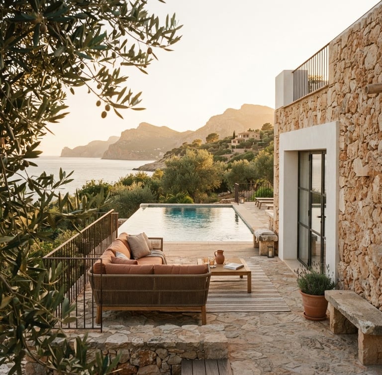 Warm architectural photography of a modern Mallorcan villa terrace, natural stone walls, soft golden hour sunlight, olive tree branch in foreground, 35mm