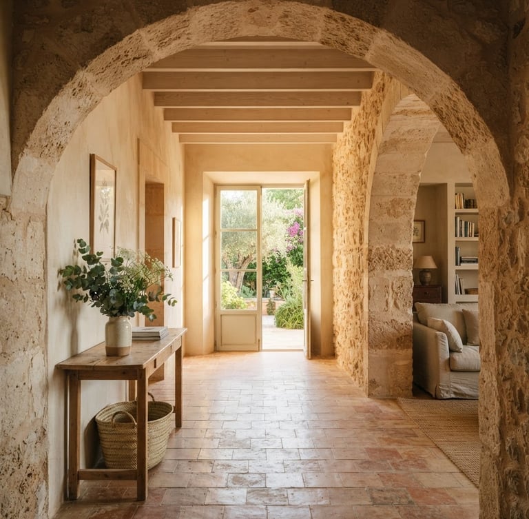Elegant sun-drenched Mallorcan townhouse interior, stone walls, soft golden hour morning light, architectural framing