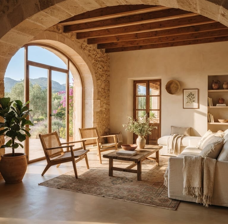 Warm editorial photography of a sun-drenched Mallorcan living room, microcement floors, natural wooden beams, soft golden hour morning light, elegant architectural framing, 35mm