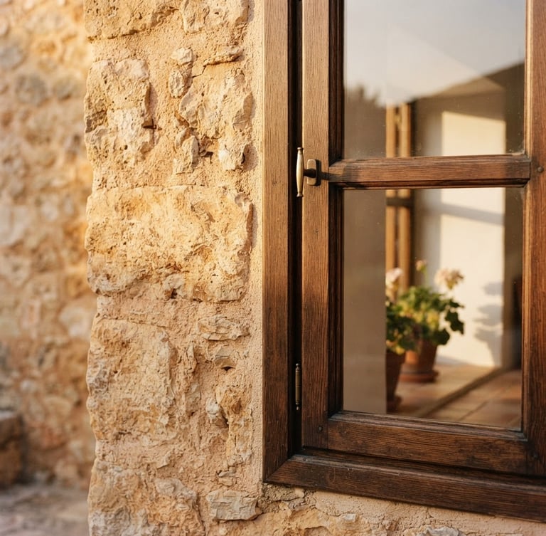 Elegant close-up of a sun-drenched Mallorcan stone wall meeting refined wooden window frames, soft golden hour sunlight, architectural framing, 35mm
