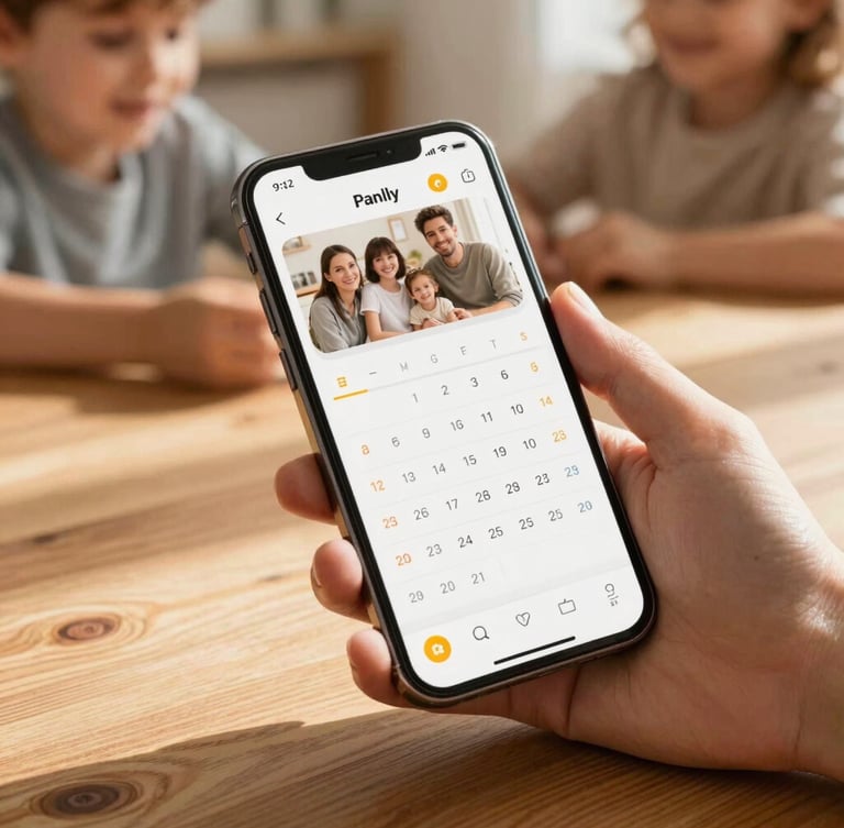 A close-up of a smartphone displaying a warm, intuitive family calendar app, held by hands with a sun-drenched wooden table and soft-focus family interaction in the background.