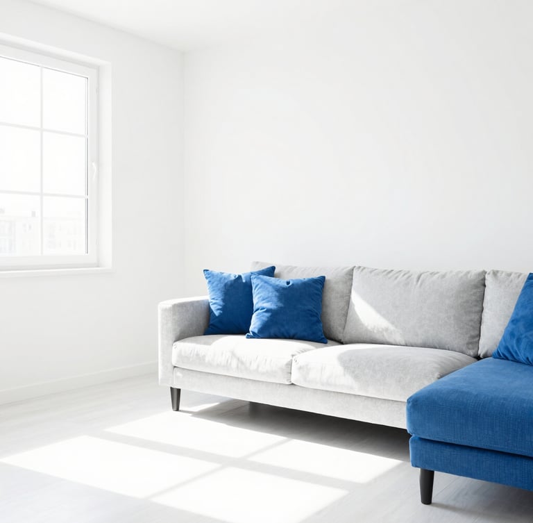 Bright high-key interior photography of a modern spotless living room with crisp natural daylight, clean white and blue tones, sharp focus.