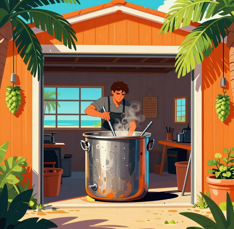 Vibrant pop art illustration of a homebrewer stirring a large steel brewing pot in a sunny open garage, retro surf style, saturated orange and hop-green colors, bright tropical sunlight, palm leaves framing the shot.