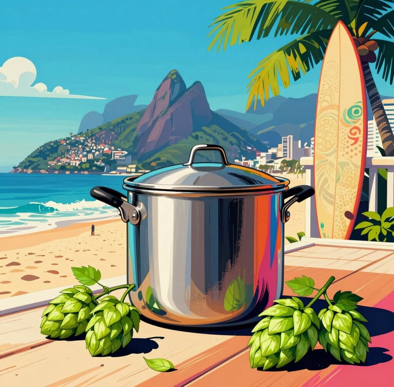 vibrant pop art illustration, bold graphic lines, a stainless steel brewing pot on a sunny Rio de Janeiro balcony, fresh green hop cones scattered around, retro surf style, intense tropical sunlight
