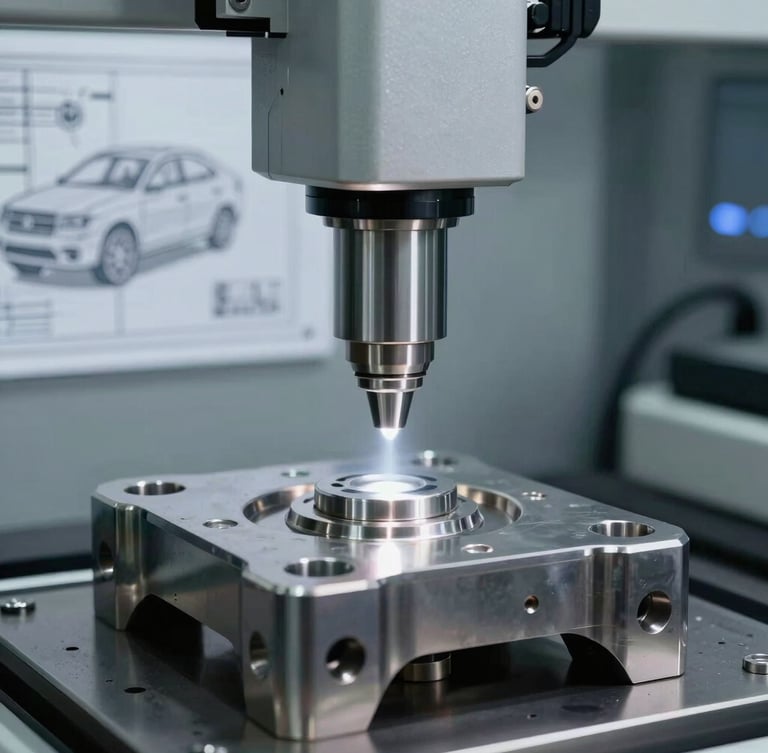 A high-precision coordinate measuring machine probe analyzing a stamped metal automotive component, high-contrast industrial lighting, metallic sheen, technical blueprint in background.