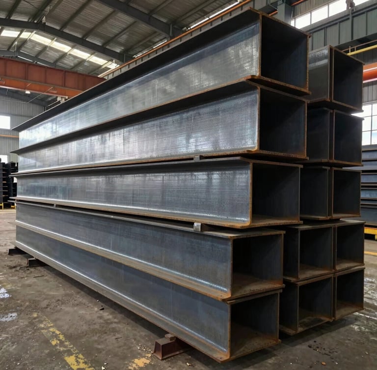 Wide-angle industrial photograph of massive structural steel beams stacked in a manufacturing yard, high-contrast ambient light reflecting off metallic surfaces, Karawang industrial plant background.