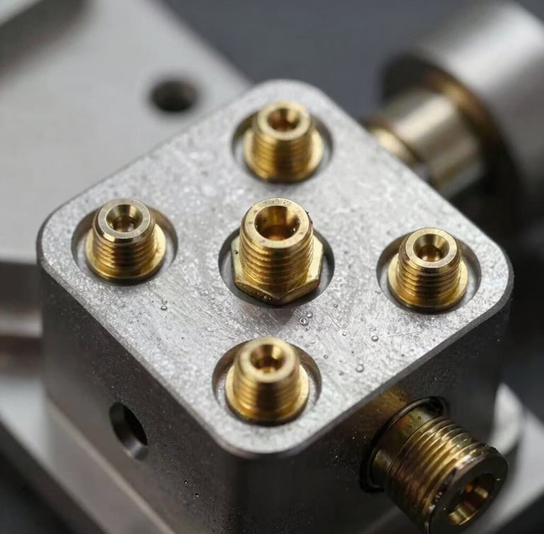Macro high-contrast shot of a mechanical sub-assembly, showing threaded brass fasteners precisely pressed into a thick structural steel plate