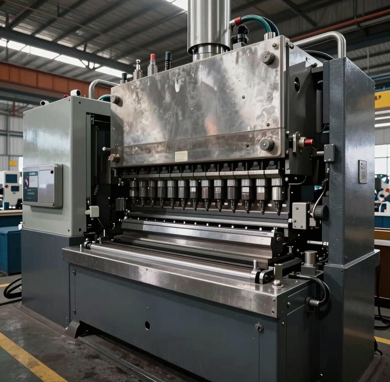 Wide-angle high-contrast industrial shot of massive progressive die stamping presses in motion, metallic sheen under ambient factory lighting, Karawang plant floor.