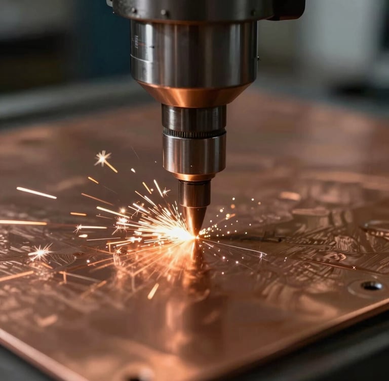 Extreme macro close-up of a progressive die stamping tool striking a copper sheet, high-contrast ambient light, sharp metallic details, sparks flying.
