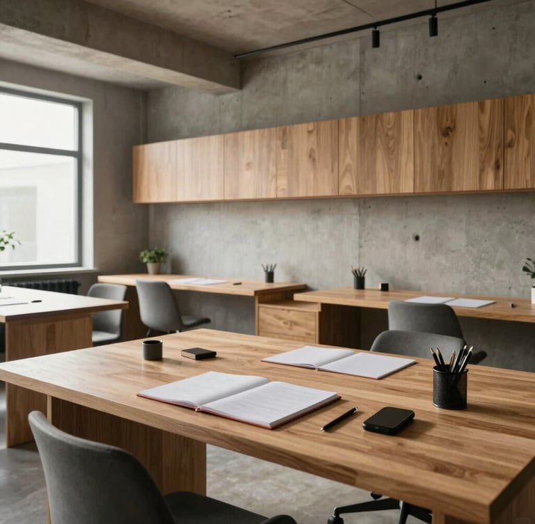 Wide architectural shot of a quiet, modern independent workspace with concrete and oak details, flooded with diffused natural light, empty desk with planning tools, soft shadows.