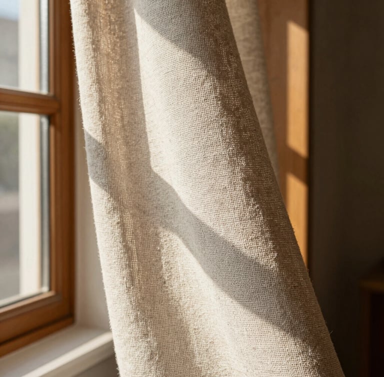 Close-up detail shot of a textured technical linen fabric swatch held against a window frame, warm sunlight filtering through the weave, highlighting the precise fiber texture, 35mm lens.