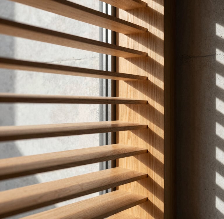 Close-up of warm timber slats filtering sharp directional afternoon sunlight, creating clean graphic shadow lines on a minimalist concrete wall, 35mm lens.