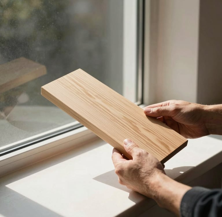 Hands of a craftsman holding a raw white oak timber swatch against an expansive architectural window frame, warm directional sunlight, sharp shadows, 35mm lens.