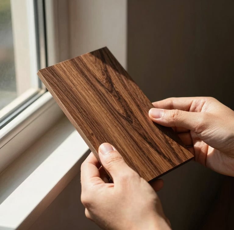 Close-up detail shot of hands holding a dark walnut wood swatch next to an open window frame, warm directional sunlight highlighting the rich tactile timber grain, 35mm lens