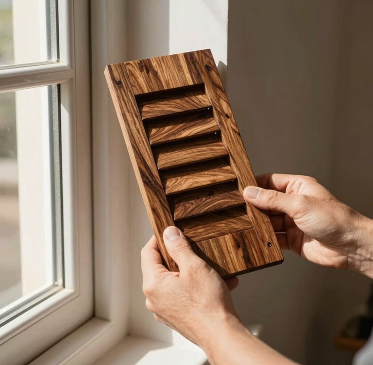 Hands of a craftsman holding a custom-stained dark oak timber shutter swatch against a window frame, warm natural light, detailed texture of wood grain, 35mm lens.