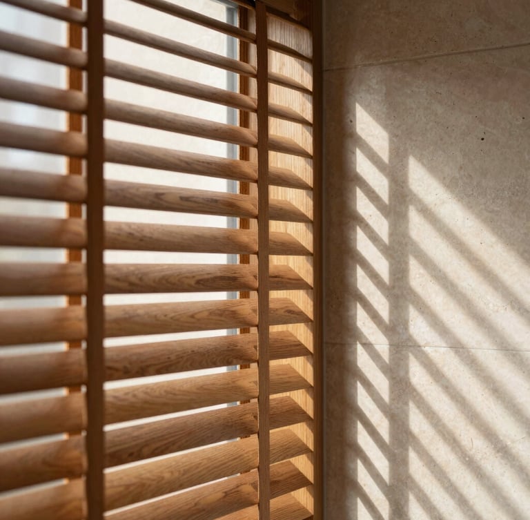 A close-up of a premium timber shutter blind, directional sunlight casting sharp, geometric shadows of the slats onto a minimalist limestone wall, warm editorial style, 35mm lens.