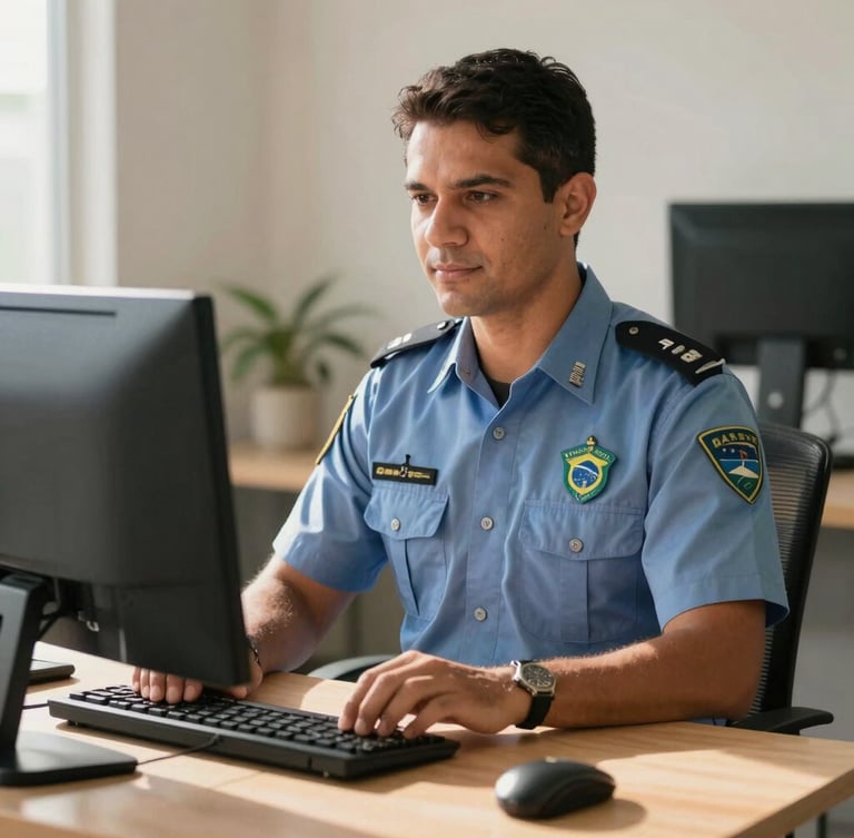 A professional Brazilian civil servant working at a clean desk with a computer, warm natural daylight, approachable and dignified atmosphere.