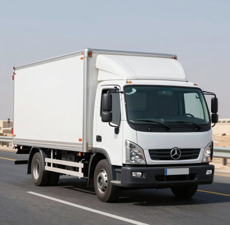A clean modern white delivery truck driving on a spacious Saudi highway during bright daylight, sharp focus, 35mm lens