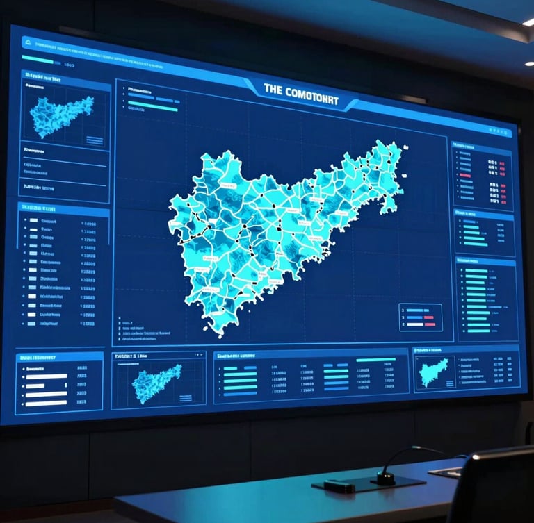 Sleek political campaign command center, glowing blue maps of Maharashtra on wide screens, high-contrast digital interface, sharp focus, 35mm