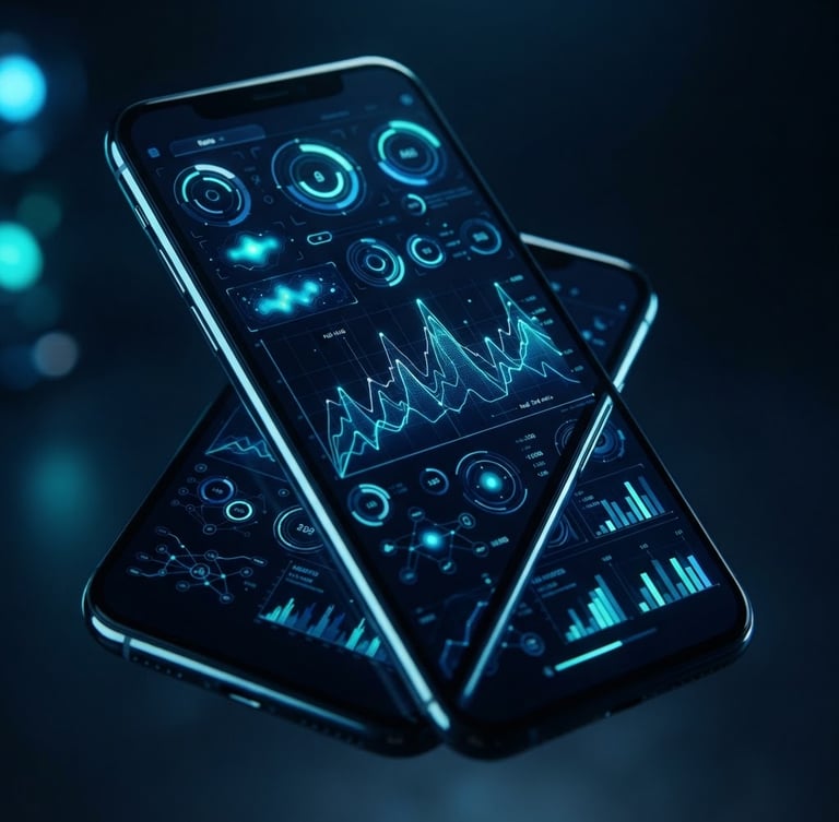 Sleek mobile interface mockup displaying real-time data analytics on a dark screen, cool blue and neon teal studio lighting, sharp focus, 35mm