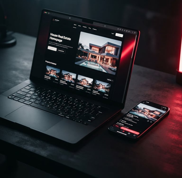Lüks bir MacBook Pro ve iPhone 15 Pro üzerinde Ayzek Studio tarafından tasarlanmış, koyu temalı, modern bir emlak web sitesinin ekran görüntüleri. Cihazlar dramatik, düşük anahtarlı bir ışıklandırma altında, keskin kırmızı neon yansımalarla vurgulanmış, makro çekim, 35mm.