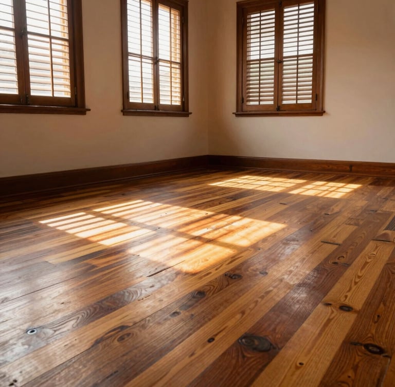 Low-angle wide shot of an empty, sunlit Queenslander room with newly restored hoop pine floorboards, warm natural sunlight streaming through wooden louvres, highlighting the flat matte sheen and golden grain of the timber, no furniture, architectural focus.