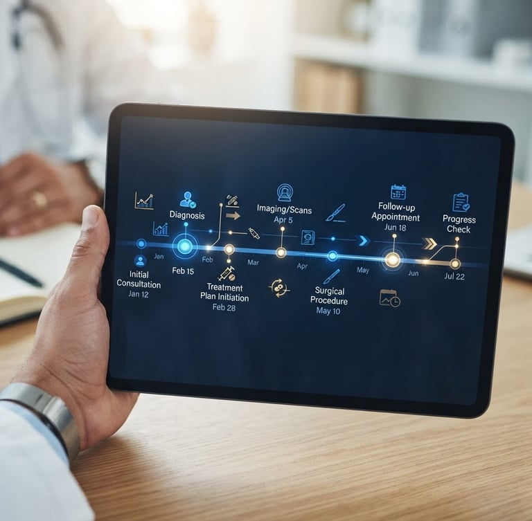 A close-up of a modern tablet screen displaying a clean digital medical timeline chart, soft natural daylight, warm blue accents, high-end clinical aesthetic
