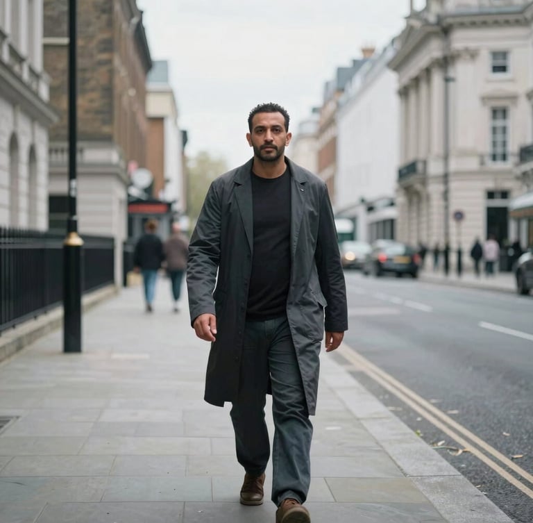 A medium-wide environmental portrait of Mo Aboshanab walking through a historic London street in overcast daylight, desaturated cool tones, shallow depth of field, 35mm film style.