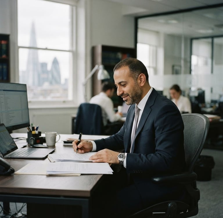 Candid medium-wide environmental portrait of Mo Aboshanab in a professional legal environment in London, natural overcast daylight from a large window, desaturated cool tones, shallow depth of field, 35mm film.