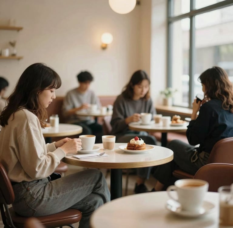 Warm, inviting café interior with soft lighting, comfortable seating, and a few blurred patrons enjoying coffee and pastries. Focus on the cozy atmosphere, rich cream and coffee tones, shallow depth of field, 35mm film.