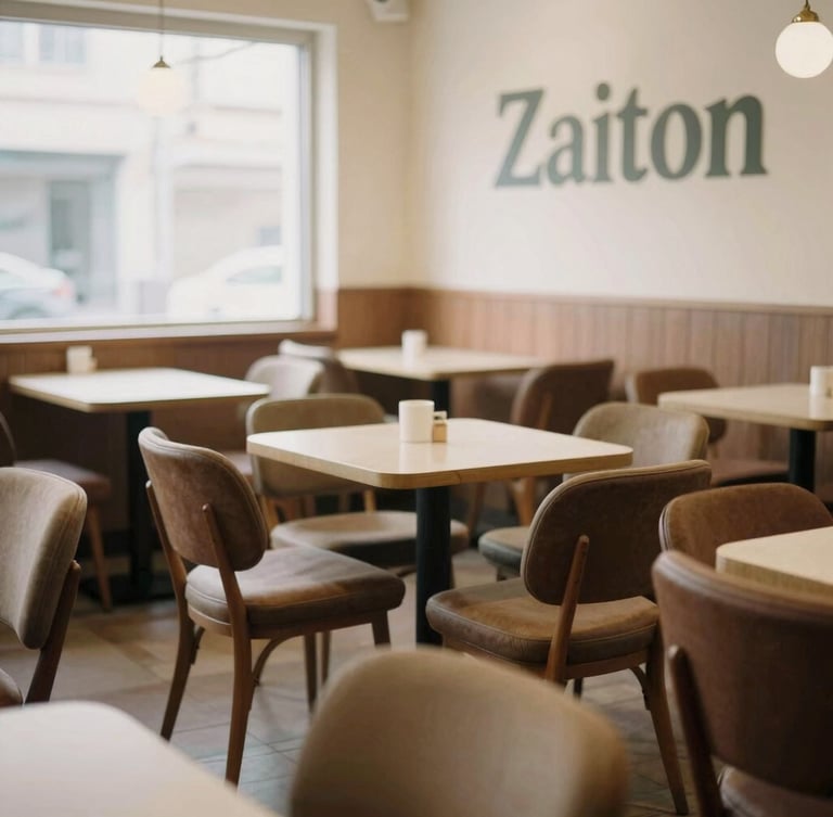 Warm, inviting interior of Cafeteria Zaiton, cozy seating area with soft natural light, coffee brown and cream tones, focus on comfortable chairs and small tables, shallow depth of field.