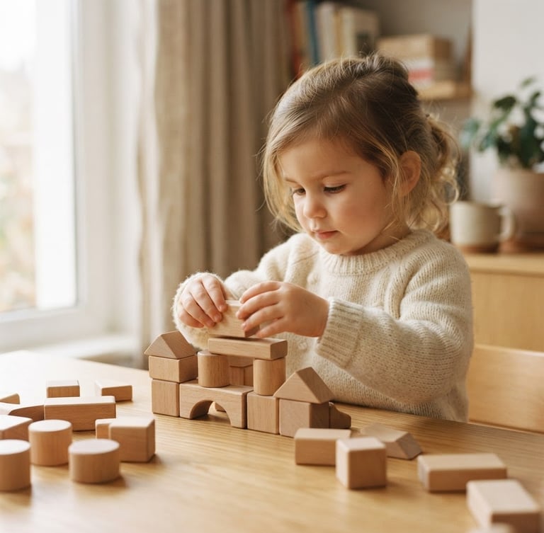 Warm editorial photography of a child gently arranging smooth wooden blocks on a light oak table, soft natural daylight, shallow depth of field