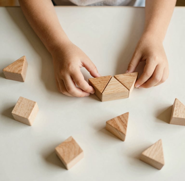 Overhead flat-lay of a child's hands carefully arranging warm wooden geometric blocks on an ivory table, soft natural north-facing daylight, shallow depth of field