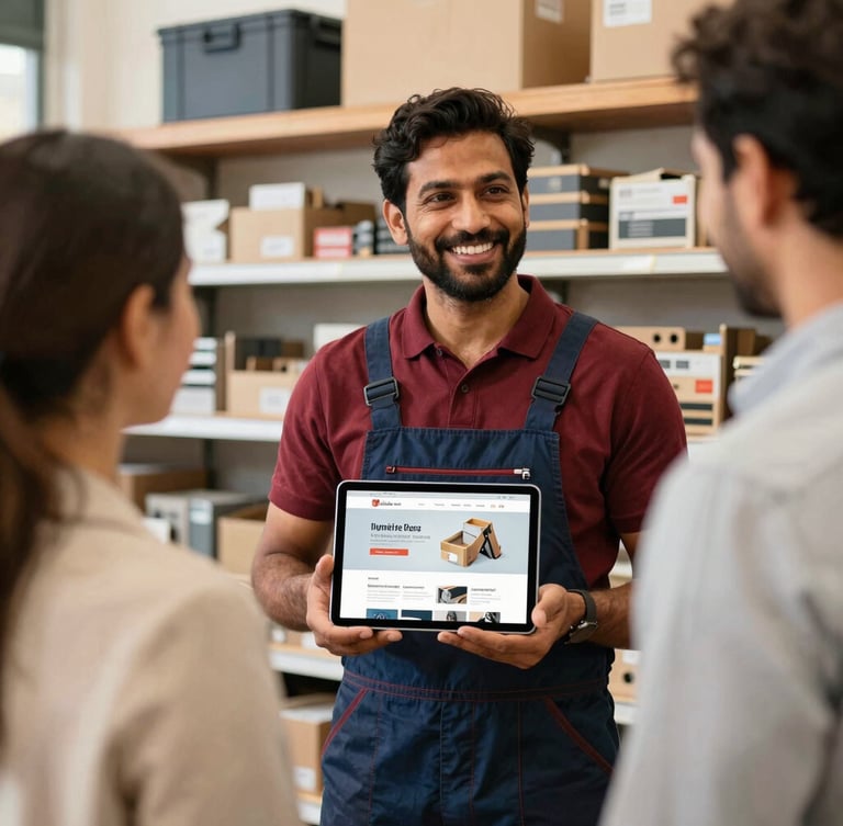 A smiling Patel shop owner in his bright, daylight-filled hardware store, showing a newly built website on his tablet to a customer.