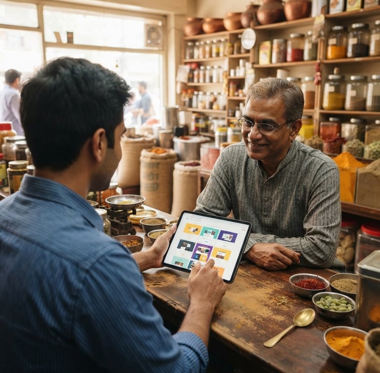 Over-the-shoulder view of a young Patel merchant showing website templates on a tablet to his father inside their bright, daylight-filled spice shop, warm editorial photography.